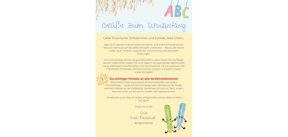Liebe Schülerinnen und Schüler, liebe Eltern, liebe Lehrkräfte, Zum Schulanfang möchte ich ganz besonders unsere neuen Schulanfänger herzlich willkommen heißen! Für euch beginnt ein spannendes Kapitel voller neuer Abenteuer, Freundschaften und - 1